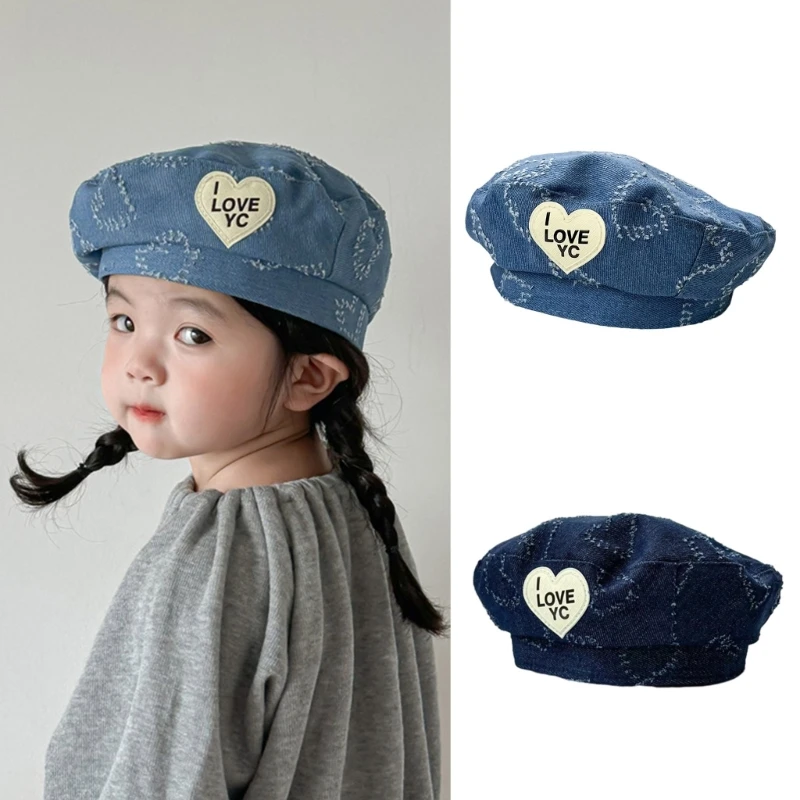 Kids Denims Hat with Lovely Heart Pattern Artist Warm for Girls