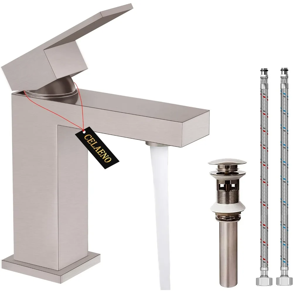 

Modern Brushed Nickel Single Handle Bathroom Faucet with Metal Pop-Up Drain - CELAENO Lead-Free Heavy Duty Design