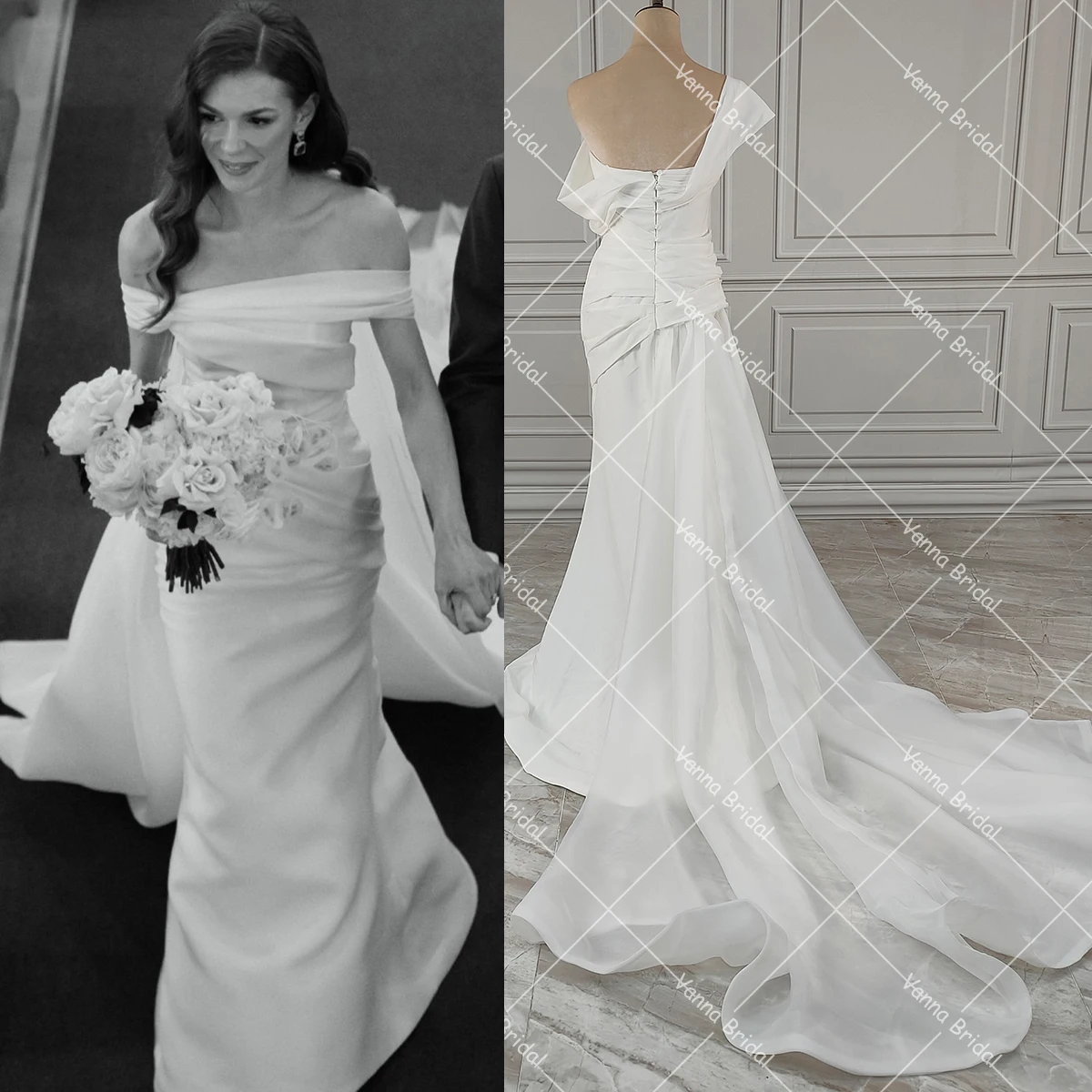 Asymmetric Off Shoulder Organza Drape Couture Wedding Dress Ruching Waist Customized Sheath Feminine Flattering Bridal Gowns