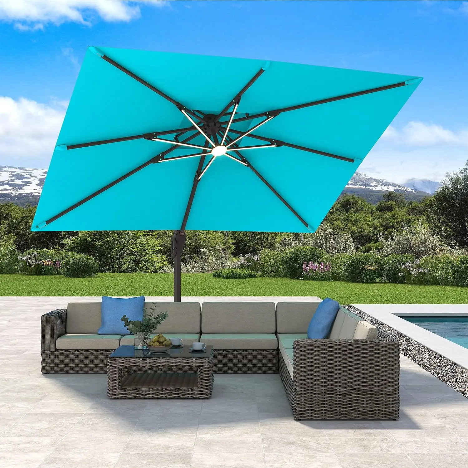 10x13ft Cantilever Patio Umbrella with Base & LED Lights, Customized