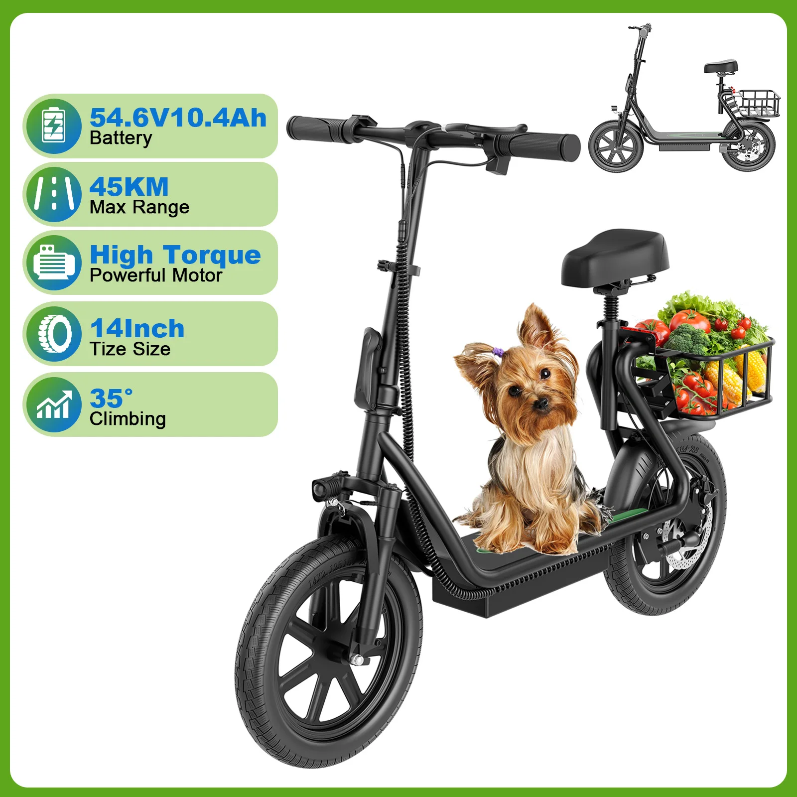 JUICEASE EP2 PRO elektrische fiets voor volwassenen, 54,6V 22,5Ah batterij met hoge capaciteit, 100 km actieradius, 14 inch, dubbele vering, 35 ° Elektrische scooter voor woon-werkverkeer met