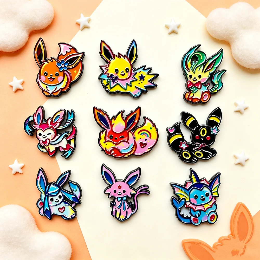 9Pcs Neon Gradient Cute Fox Metal Enamel Pin Pack, 2D Adorable Creature Brooches, Collectible Accessories for Fans