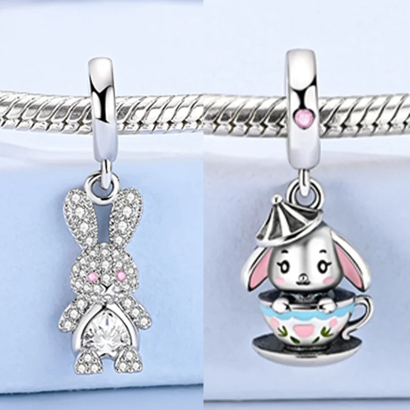 925 Sterling Silver Teacup Rabbit Charm Pendant Bead Fit Original Bracelet Women DIY Jewelry Making