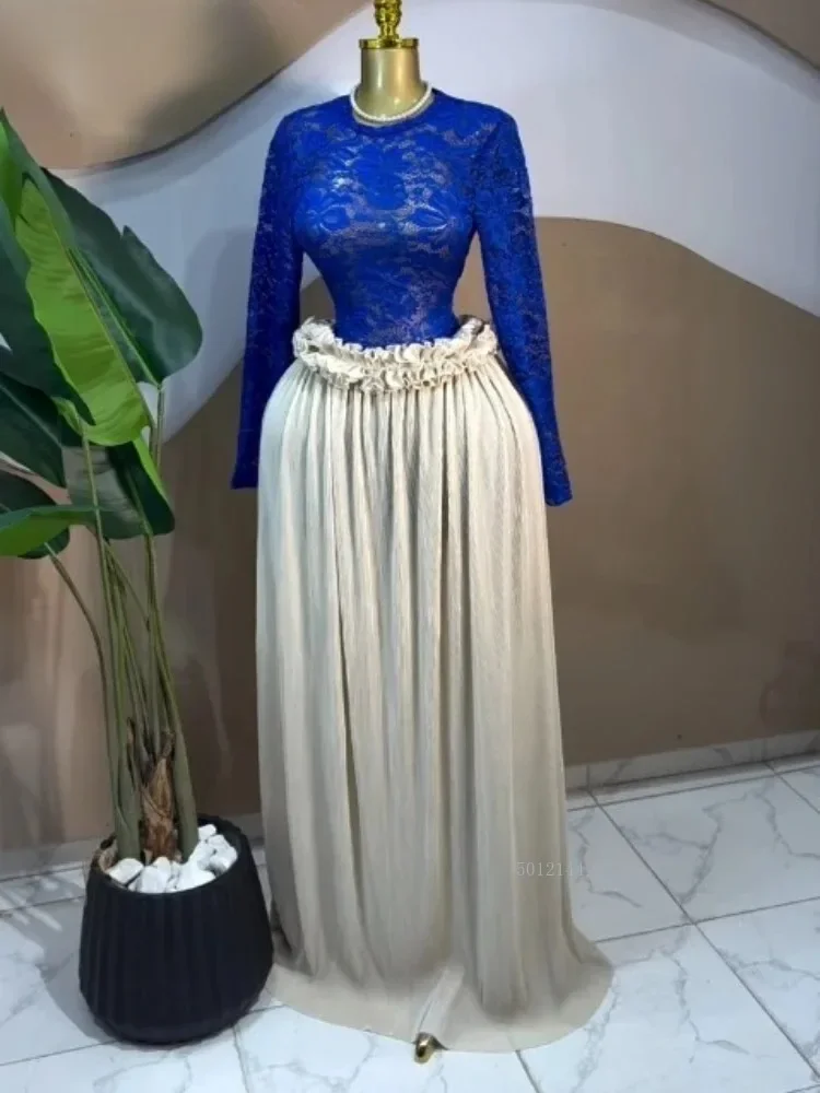 Sexy Women Lace See Though Long Sleeve T-shirts Tops and Ruffles Waist Pleated Maxi Skirt 2026 Street Two Piece Set Outfits