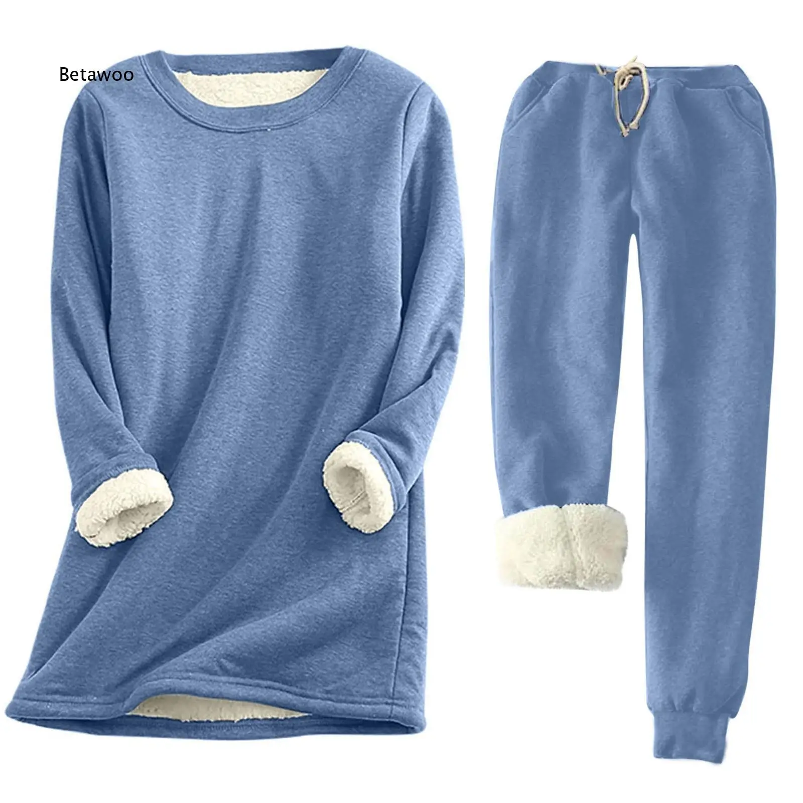 Women Mid Length Fleece Lined Two Piece Set Thickened Warm Long Sleeve Top And Pant Matching Outfit Soft Thermal Clothing For C