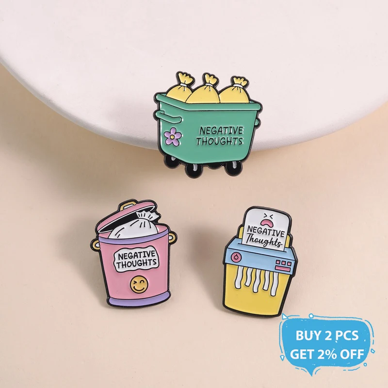 Negative Thoughts Enamel Pins Emotional Healing Anxiety Mental Health Awareness Trash Can Brooches Lapel Badge Jewelry Gifts
