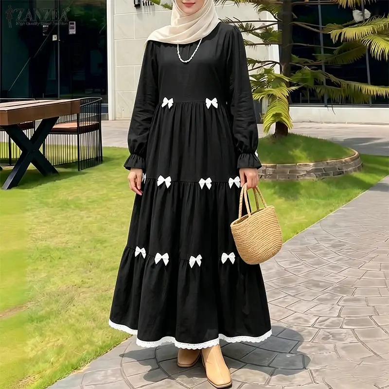 

ZANZEA Elegant Muslim Dresses Ramadan Abaya Fashion Women O Neck Long Sleeve Bows Sundress Dubai Robe Femme Hijab Vestidos 2026