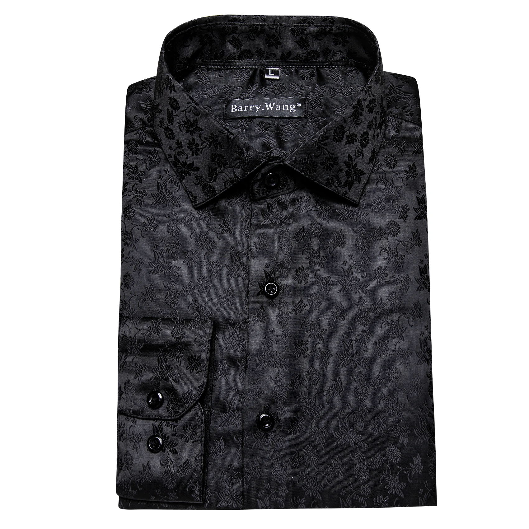 Barry Wang Mens Shirts Black Floral Silk Embroidered Long Sleeve Slim Causal Turn Down Breathable Colorfast Men Clothing Tops