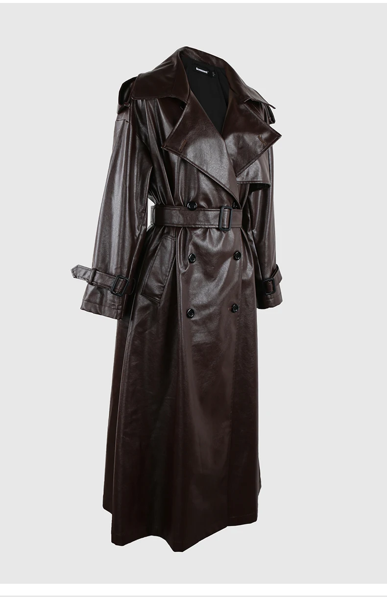 Nerazzurri Spring Autumn Long Oversized Black Pu Leather Trench Coat for Women Belt Double Breasted Loose Casual Korean Fashion