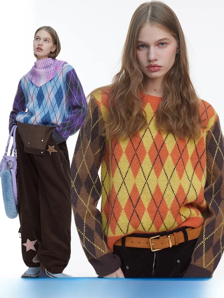 

DNT Retro Color Blo Knitted Sweater round Ne Diamond Pattern Casual Sle Versatile Faionable New Arrival Winter 2025