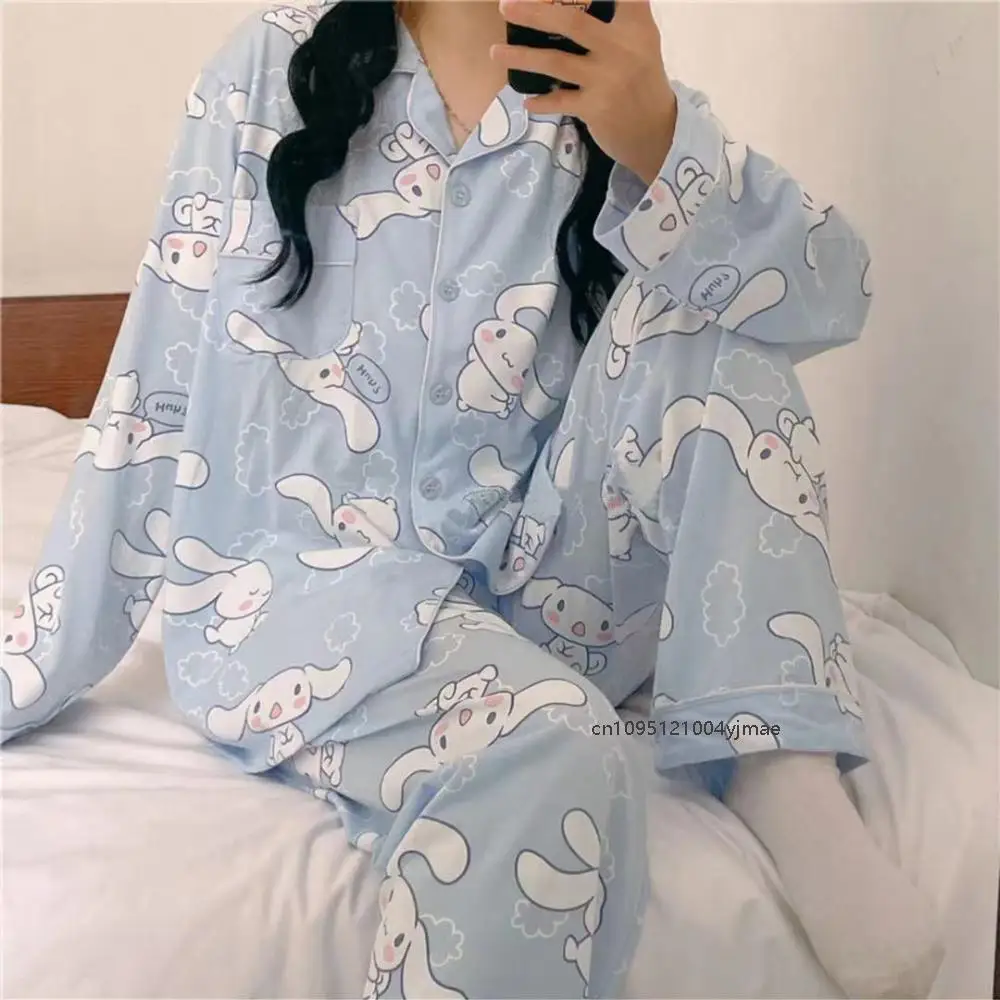 Cinnamoroll Woman Pajamas Set Kuromi My Melody Kawaii Anime Sanrio Cartoon Loose Sleepwear Pajamas Girl Long Sleeves Home Wear