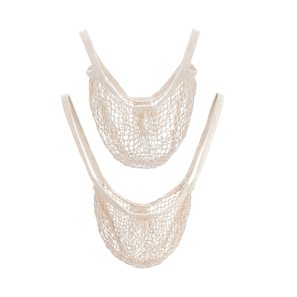 

2 pcs Fashion Cotton Linen String Knitted Shopping Net Bag Lightweight Portable Storage Handbag For Beach Travel Outdoor Fruits