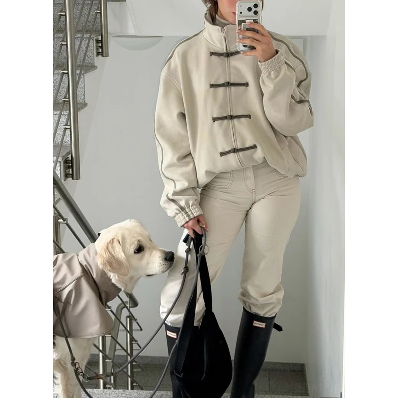 Women's Chinese Style Bomber Jacket Stand Collar Frog Button Zip Up Sweatshirt Loose Fit Y2k Vintage Coat