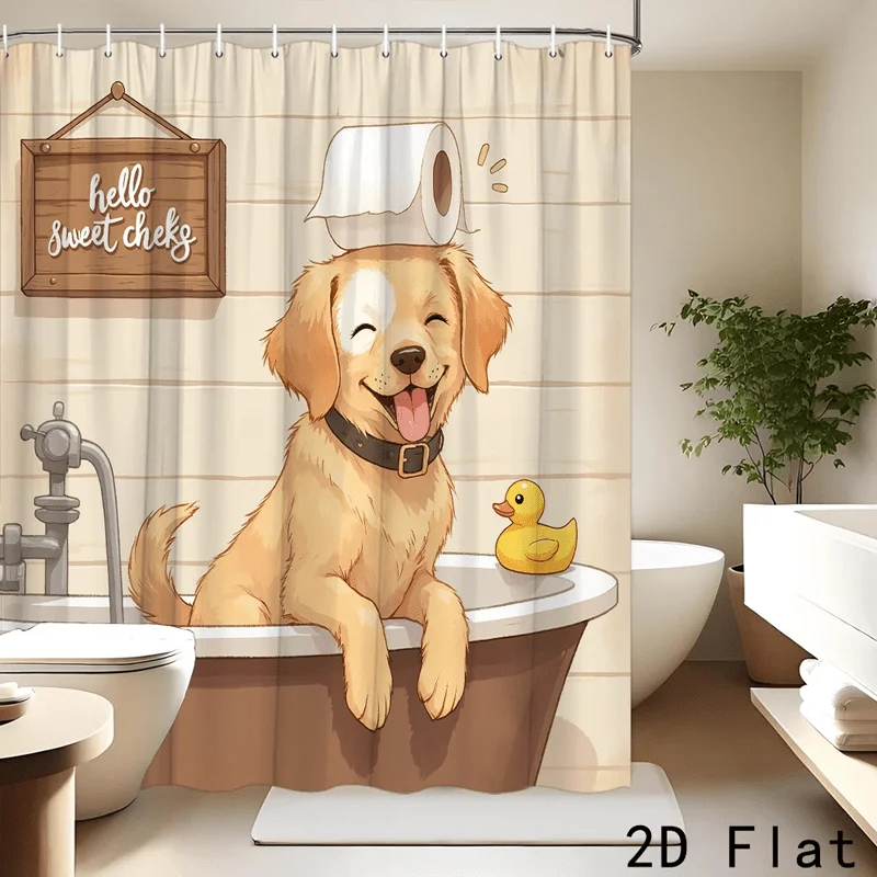 2D Flat, 1pc Fun Golden Retriever Bathroom Pattern Shower Curtain, Multiple Sizes Available,, Cute Puppy with Toilet Paper and D