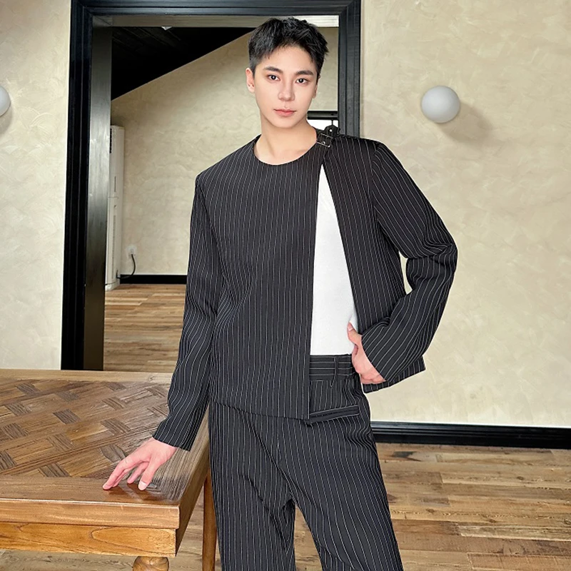 IEFB Korean New Chic Men\'s Set Casual Stripe Two-piece Round Collar Short Split Blazer Micro Casual Pants Autumn Men Suit 9C7200