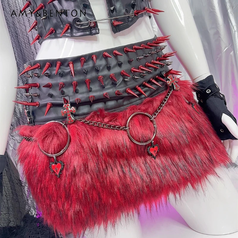 

Punk Dark Y2K Hot Girl Subculture Love Rivet Chain Women's Short Skirt European American Splicing Fur Mini Short Skirts Ladies