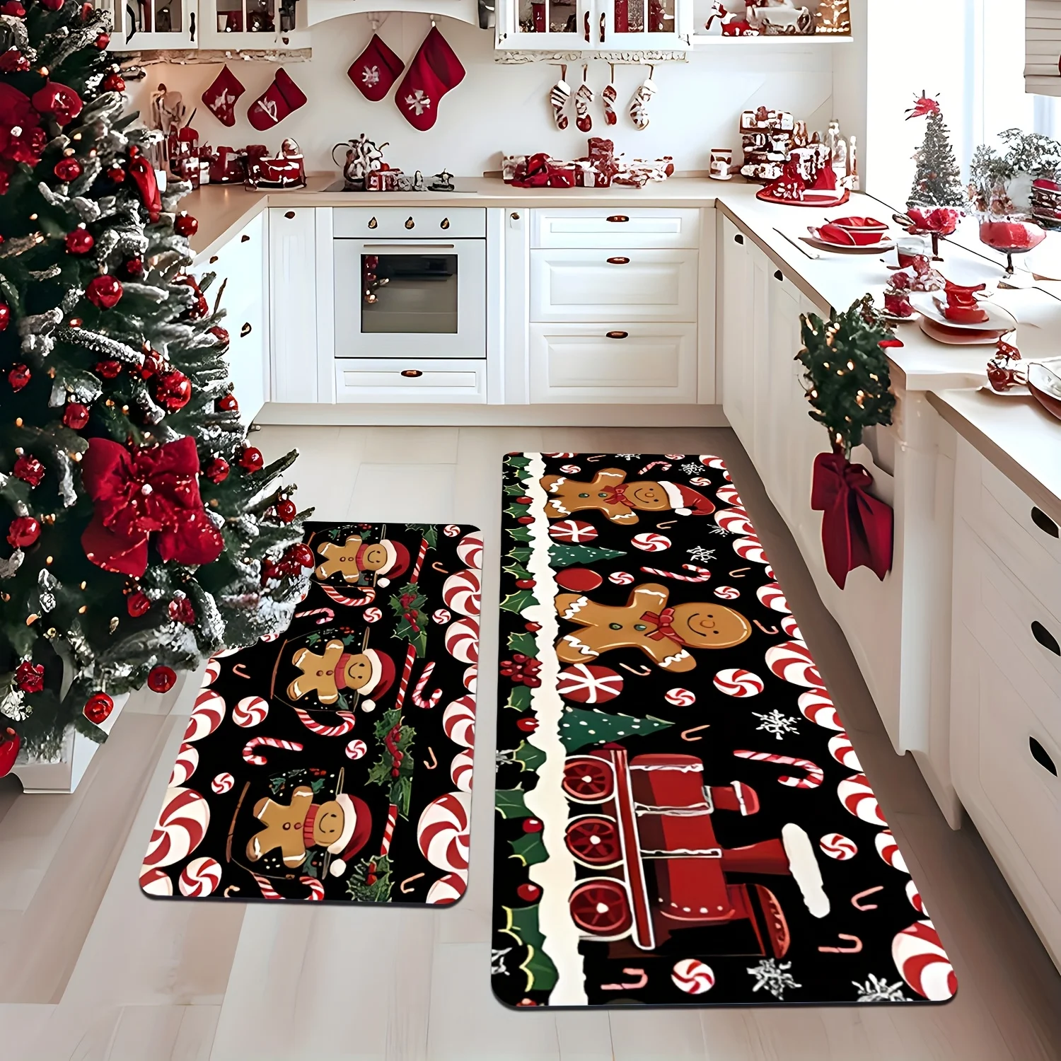 2PC Home Entryway Christmas Rugs 2 Piece, Khaki Gingerbread House Kitchen Mat Set, Holiday Soft Floor Mat for Hallway Decor