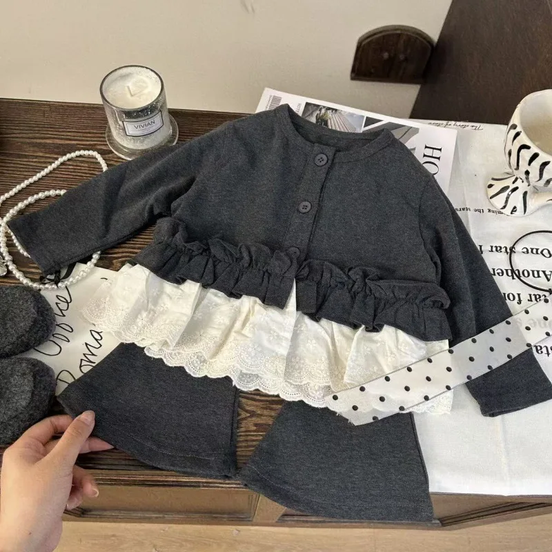 

Korean children's clothing 2025 new autumn girls' hem lace cardigan children's versatile gray bell bottom pants two-piece set