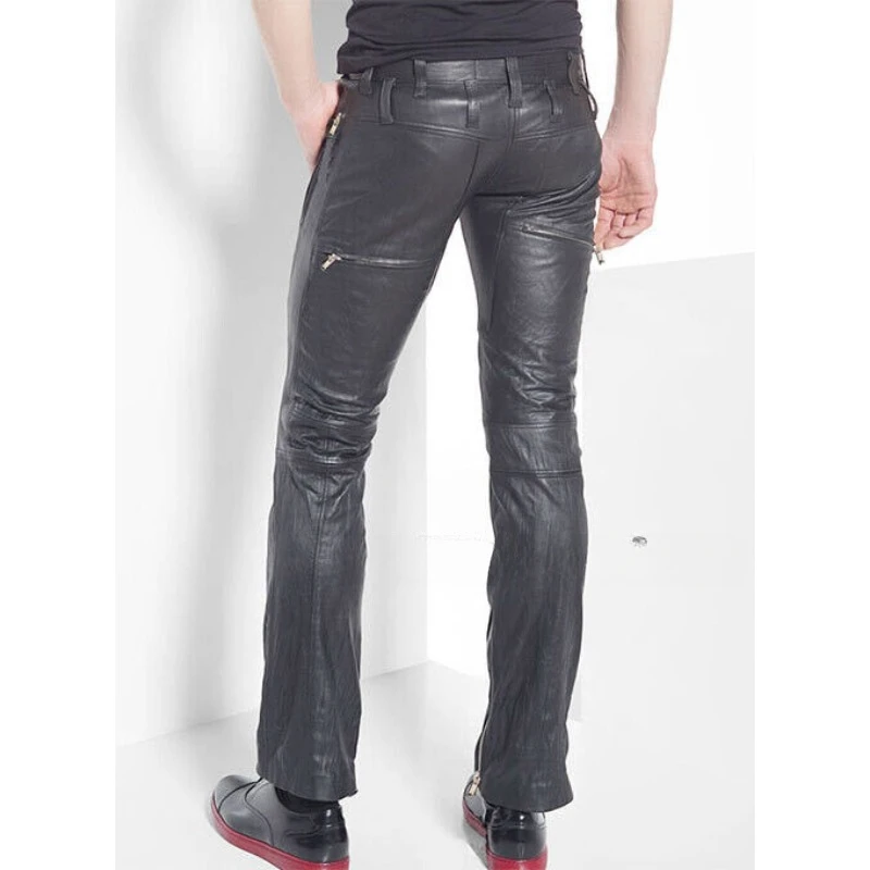 Men's Zipper Fashionable Genuine Sheepskin Leather Pants Disco Club Pants