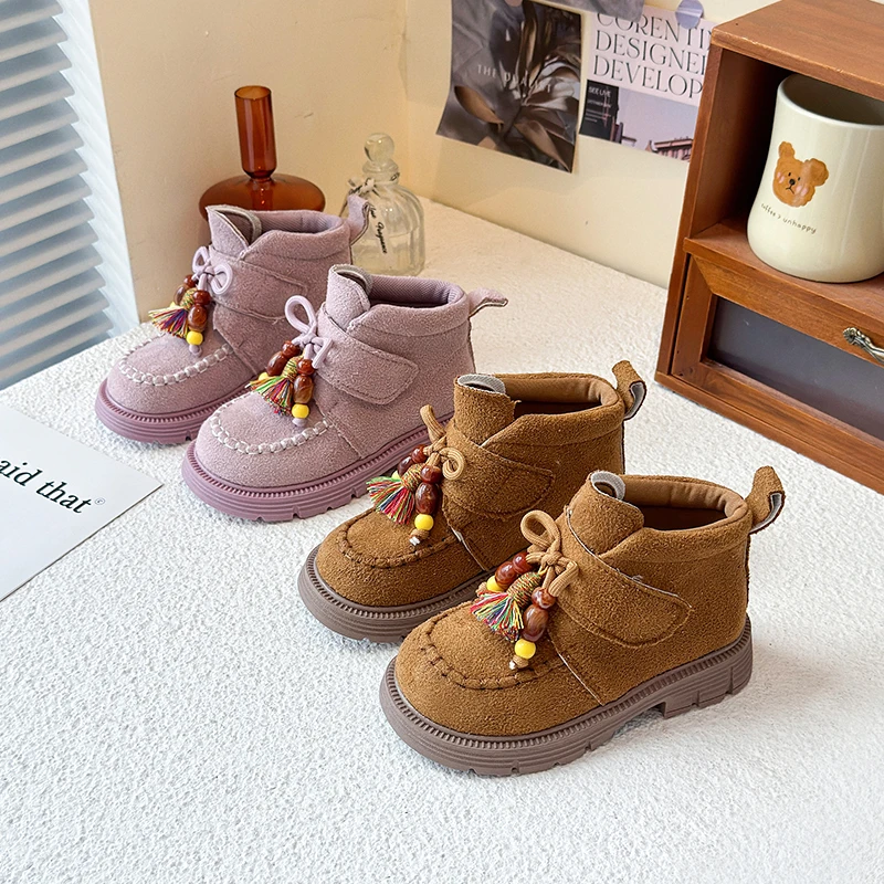 

New Children's Ankle Boots Spring Autumn New Girls Fashion Causal Leather Boots Retro Style Kids Tassel Short Boots Thick Bottom