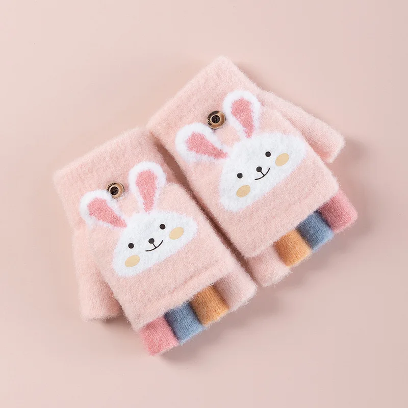 4-11 year old cartoon bunny five finger children\'s gloves winter thick half finger flip knitted gloves winter new warm gloves