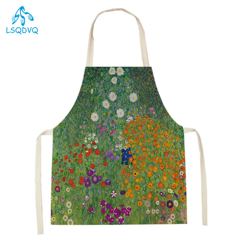 Women Men Linen Floral Tree Pattern Kitchen Aprons Household Pinafore Abstract Girl Women Cooking Waist Bib Baking Aprons