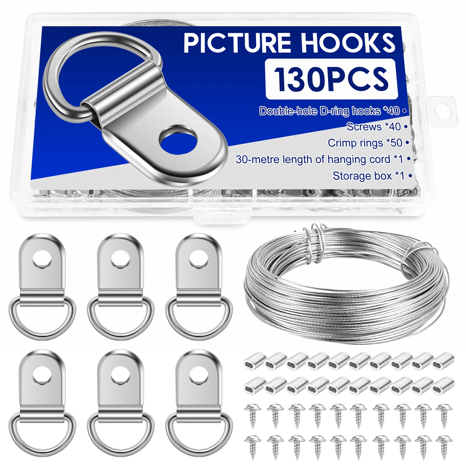 Picture Hanging Wire Kit Heavy Duty 30M 98ft 7 Strand Metal Frame Hanger with D Ring Hooks Screws for Mirror Canvas Art Decor