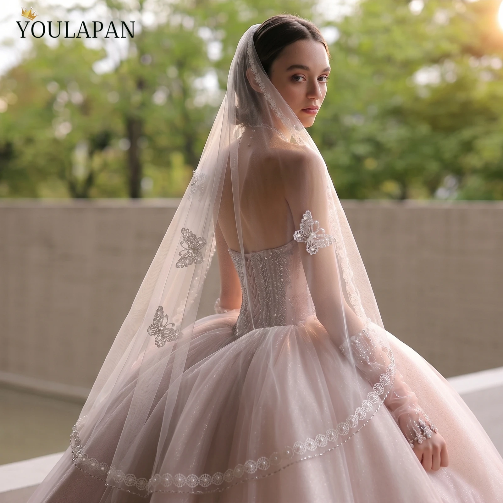 TOPQUEEN Romantic Beaded Edge VU De Noiva Wedding Veil   1 Tier Embroidered Butterfly Bruiloft Accessories V375