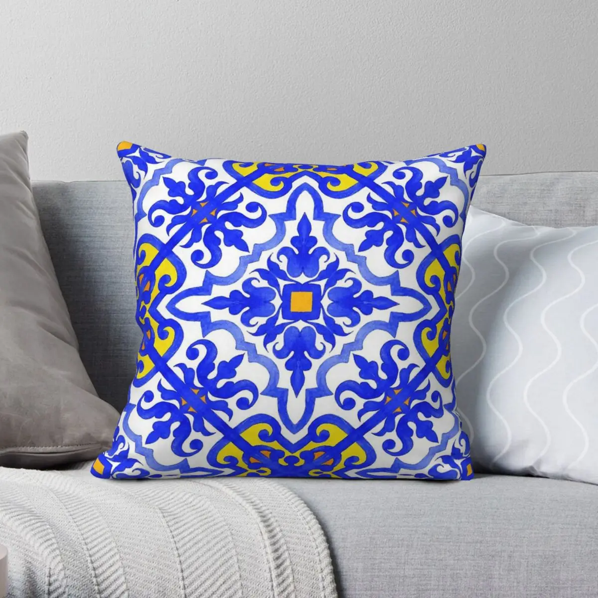 Portuguese Azulejo Tiles Blue Square Pillowcase Polyester Linen Velvet Printed Zip Decorative Sofa Cushion Cover 45x45