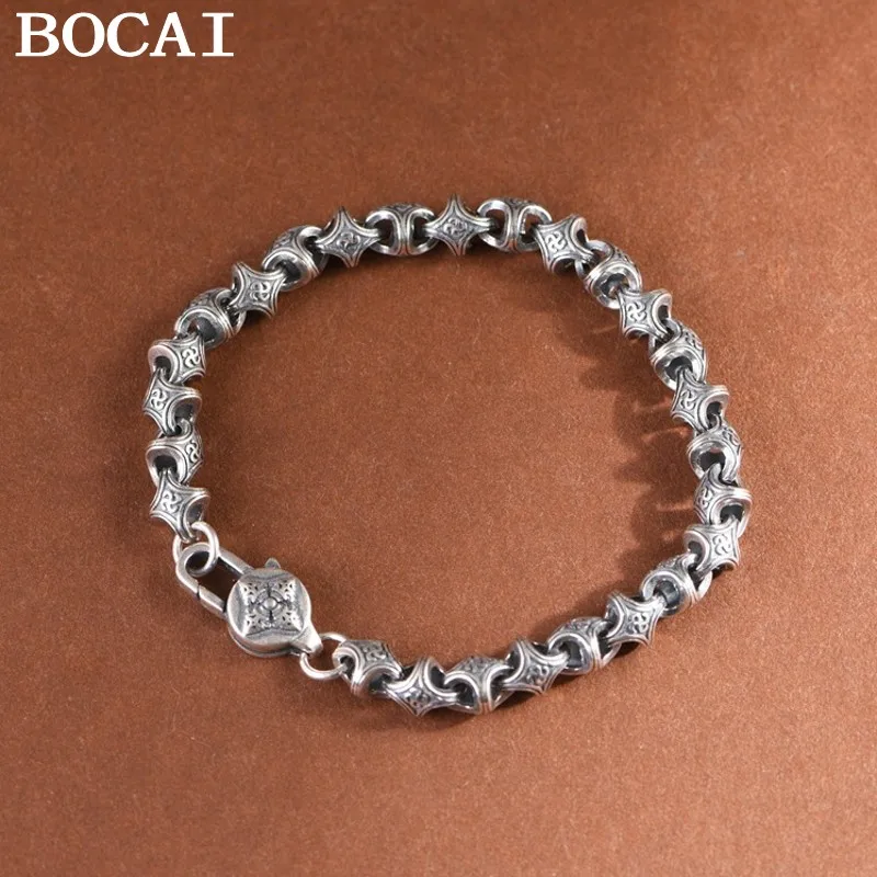 

BOCAI NEW S925 Pure Silver Simple Retro Personalized Trend Men's And Women's Bracelet