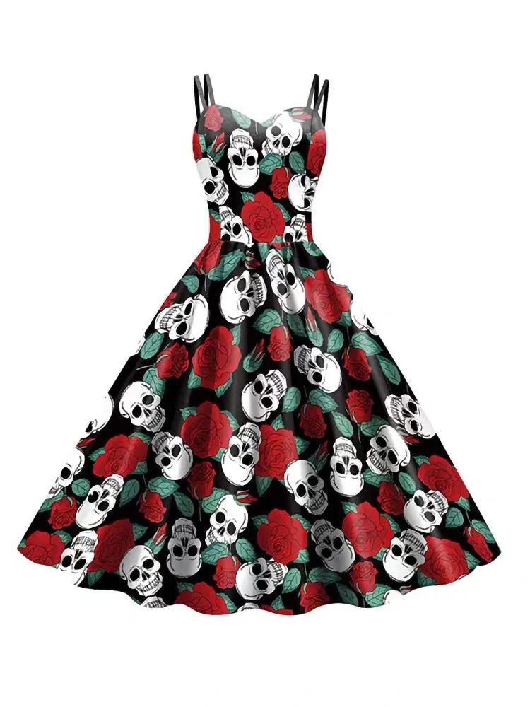 Vintage Gothic Doppelriemen-Swingkleid mit Skelett-Brustmuster, mehrfarbigem Blumen- und Totenkopf-Aufdruck, Damen-Halloween-Cosplay-Kostüm – Detail 13