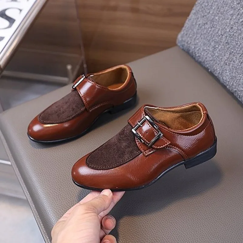 Children Boys Leather Shoes 2026 New Retro Loafers Fashion Buckle Non-slip Pointed Toe Dress Shoes British Kids Oxford Shoes