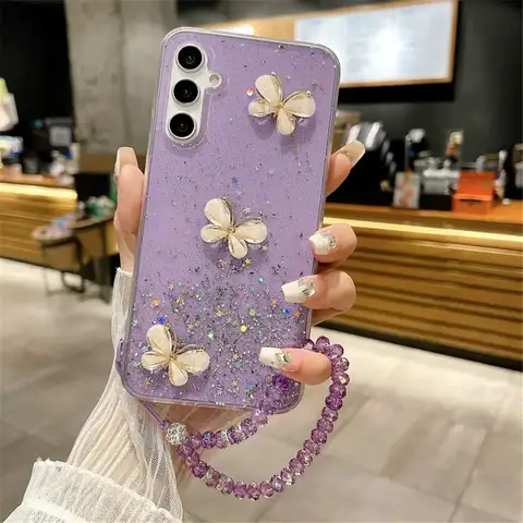 Coque à paillettes avec Bracelet en cristal papillon 3D, étui en Silicone souple pour Samsung S24 S23 Ultra S21 S22 Plus S20 FE S10 Note 20 10 Plus