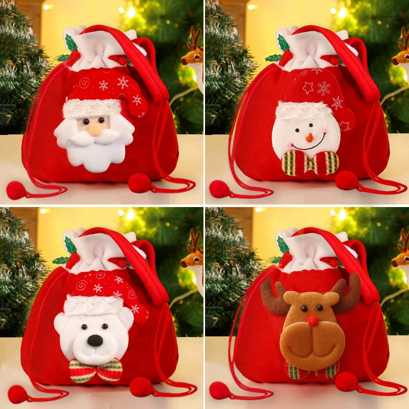 4Pcs Christmas Bags Drawstring Flannel Xmas Gifts Bag Santa Sack Children Gift Storage Bag New Year Candy Pouch Snowman Elk Bear