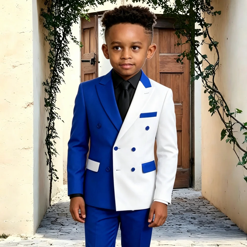 

Double Breasted Royal Blue And White Flower Boys Wedding Suits 2 Pieces Groom Tuxedo Formal Blazer Pants Set for Kids Party Prom