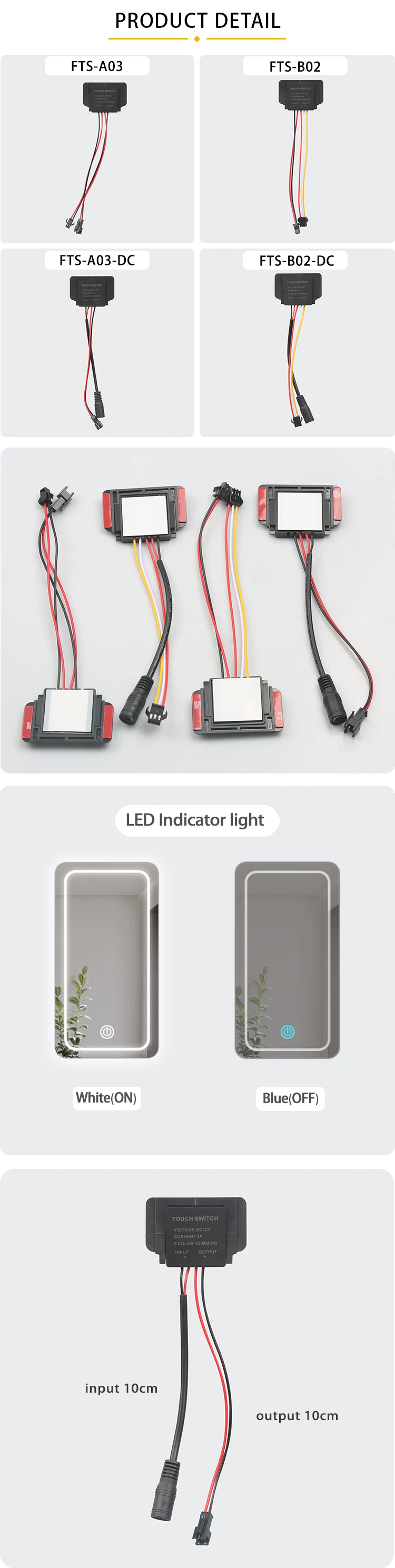 LED-Spiegel Smart 12V 3A 36W Make-up-Badezimmerspiegel Dimmer Beleuchteter Einfarbiger Ein-Touch-Sensor-Schalter – Detail 3