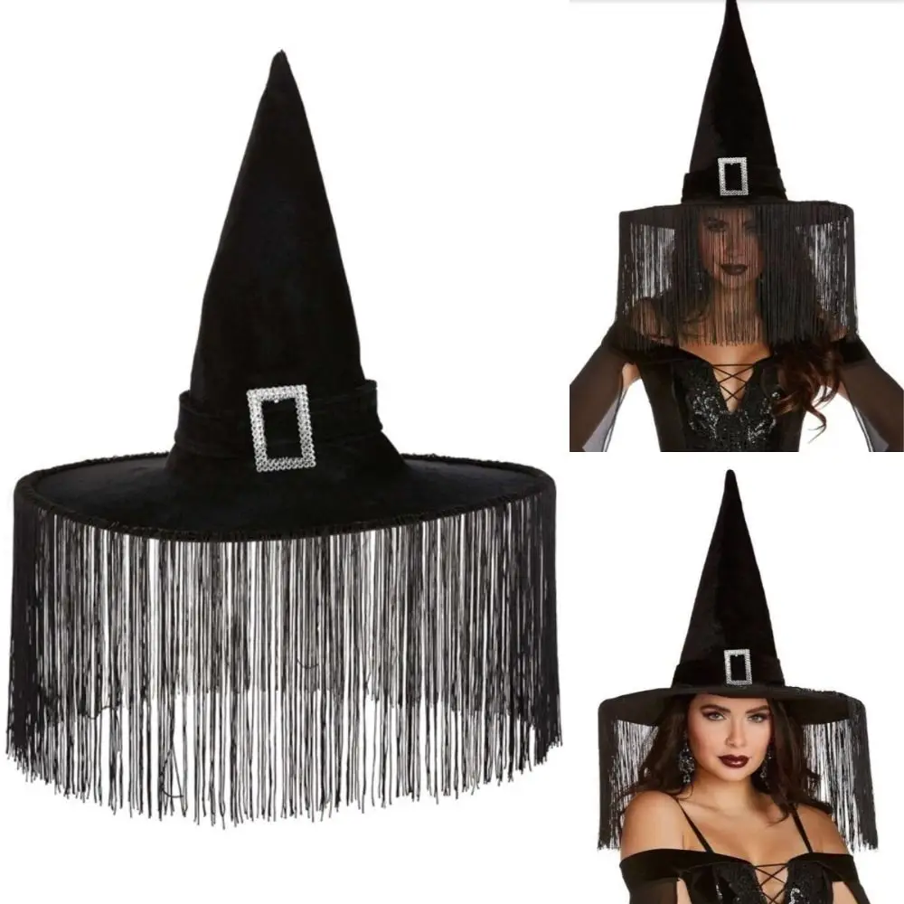 Trendy Black Halloween Caps Metal Buckle Costume Accessories Witch Hat Ruffle Tassel Cosplay Dress Up Supplies Travel