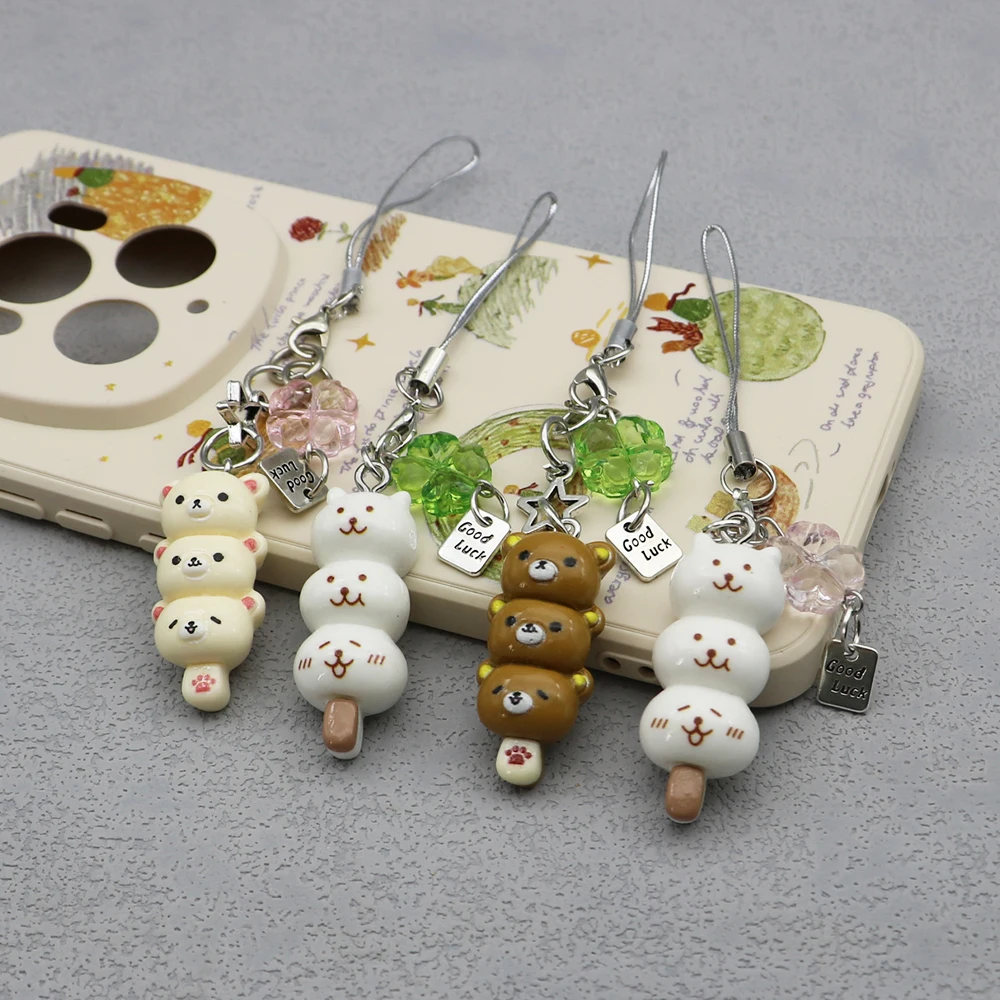 Handmade Kawaii Dango Bear and Cat Phone Charm Cute Lucky Pendant Japanese Style Couple Keychain Bag Decoration