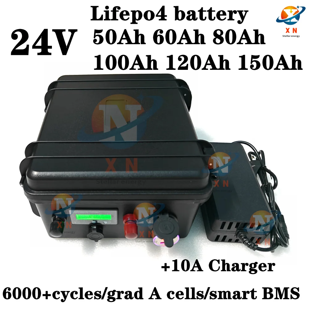 24V 50Ah 60Ah 80Ah 100Ah 120Ah 150Ah Lifepo4 battery for trolling motor boat back up power+10A Charger