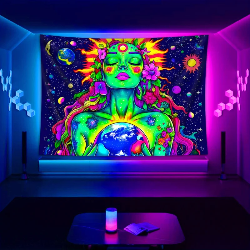 VIKAMA Neon-Themed Landscape Tapestry Of Mother Earth, Psychedelic Galaxy Fabric, Bohemian-Style Room Decoration