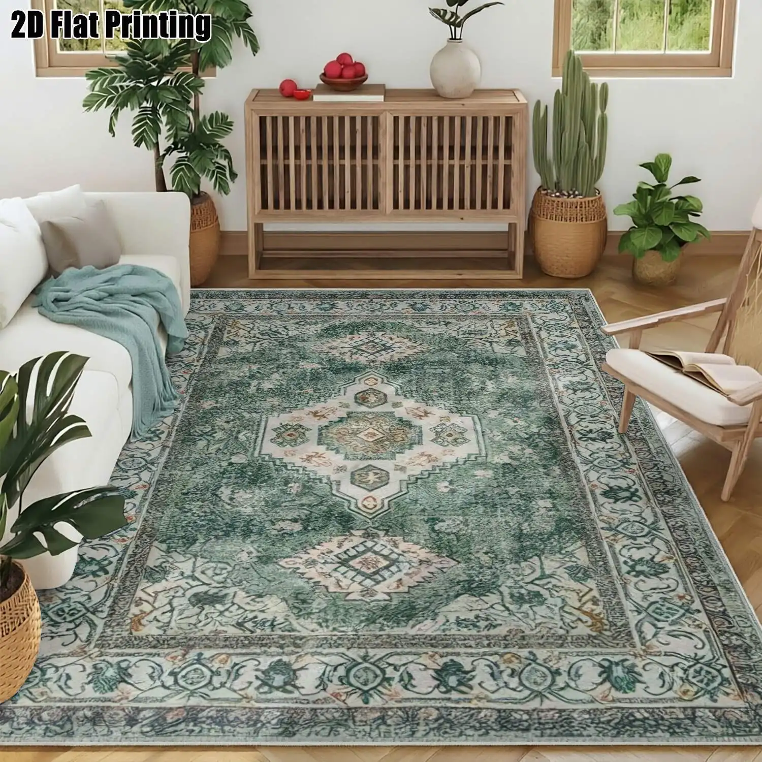 1Pc 2D Printed Retro Green Geometric Carpet, European/Bohemian/Vintage Home Decor Rug, Multi-Size, Machine Washable, for Entryway, Dining Room, Bedroom, Living Room