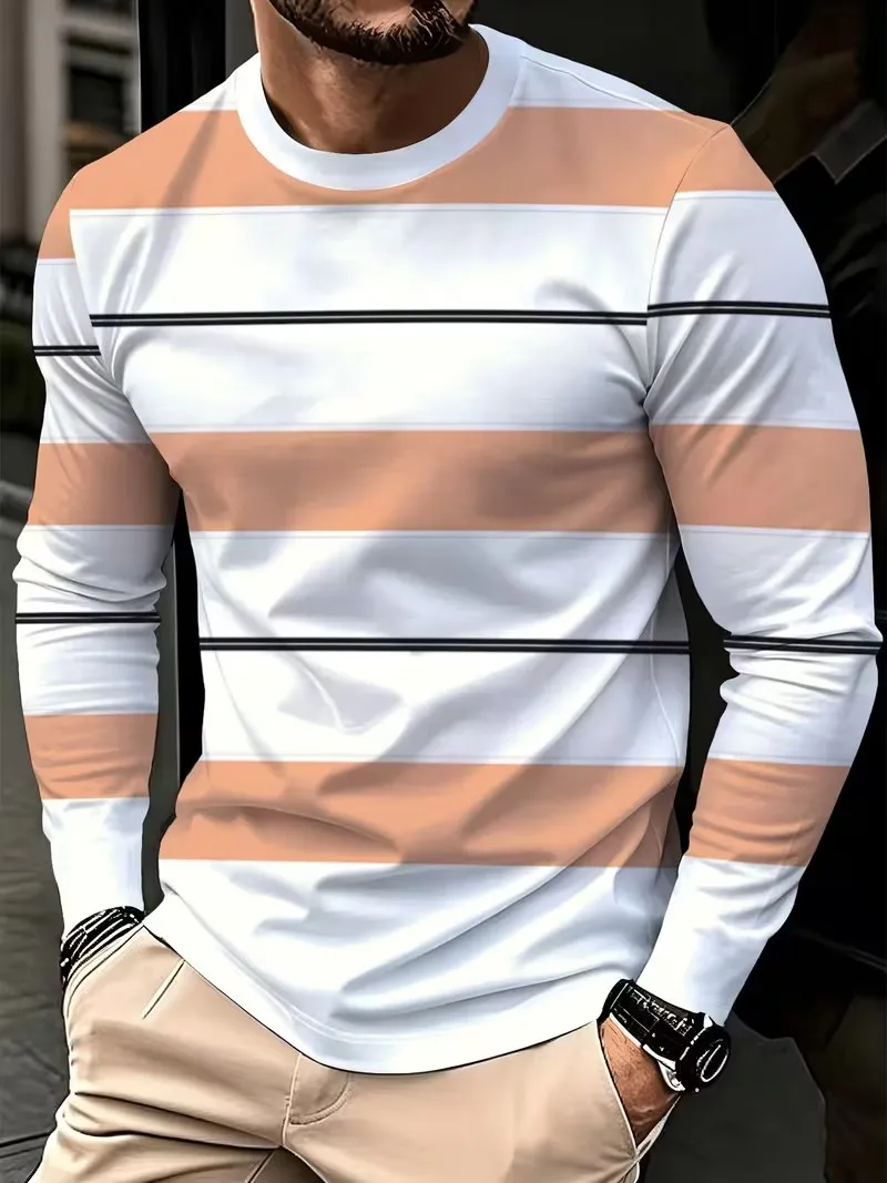 2026 men's new long sleeved round neck T-shirt, 3D simple and fashionable printing, casual and comfortable long sleeved top