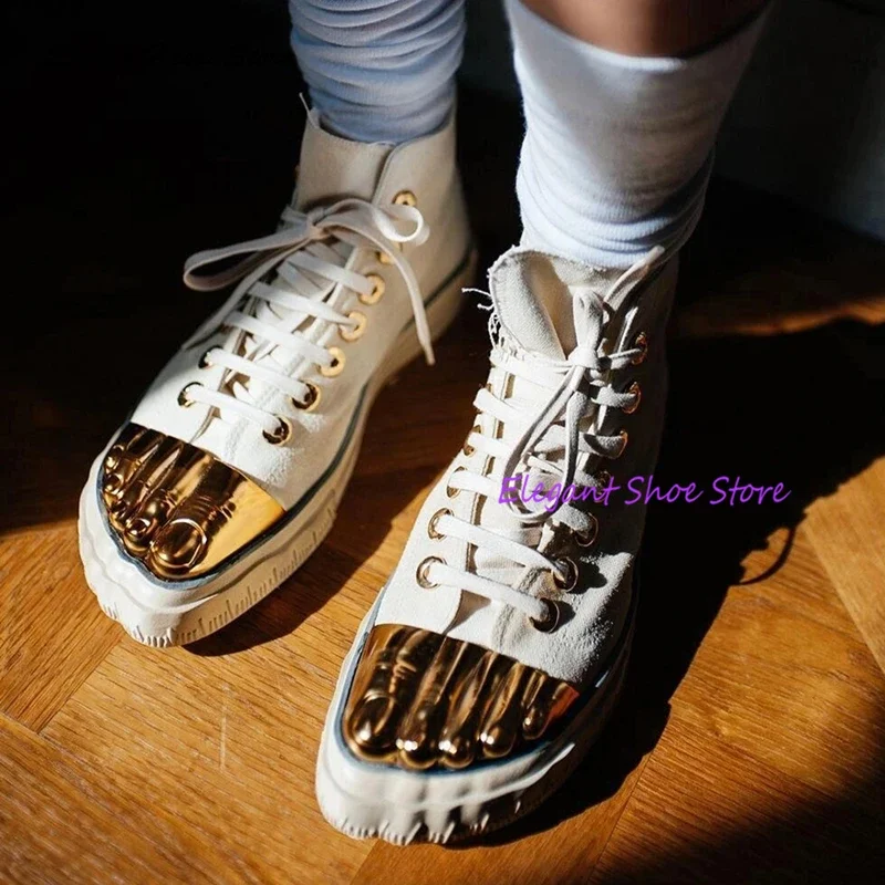 Gold Five Fingers High Top Canvas Shoes Trendy Lace-Up Flat Sneakers Metal Decor Unique Design Couple Casual Shoes Plus Size