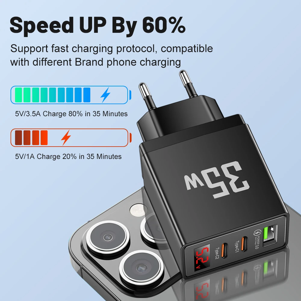 USB Charger 35W Quick Charge 3.0 With LED Display PD Type C Wall Adapters Phone Fast Charging Charger For iPhone Samsung Xiaomi