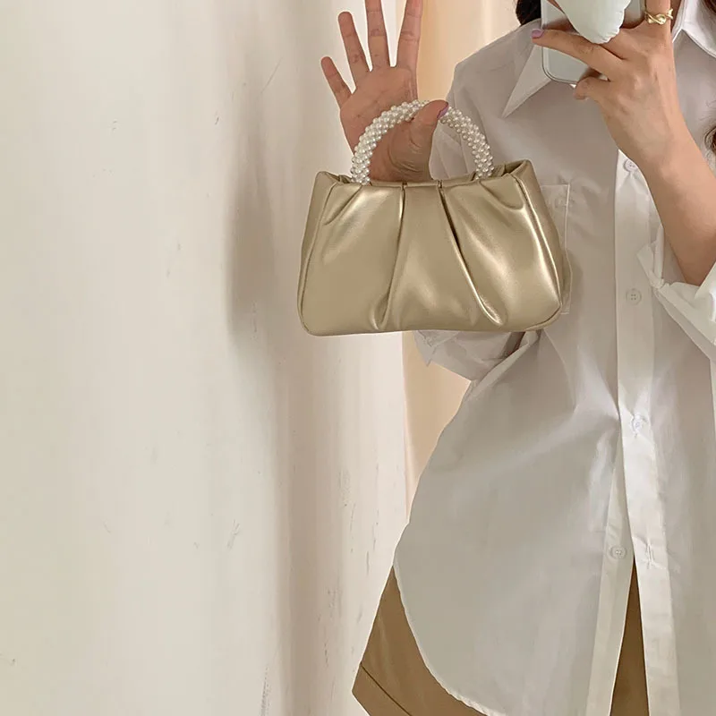 PU Pleated Cloud Bag Carrying Solid Color Pearl Handle Handbag Korean Style Portable Women Crossbody Bag Female Lady Girl