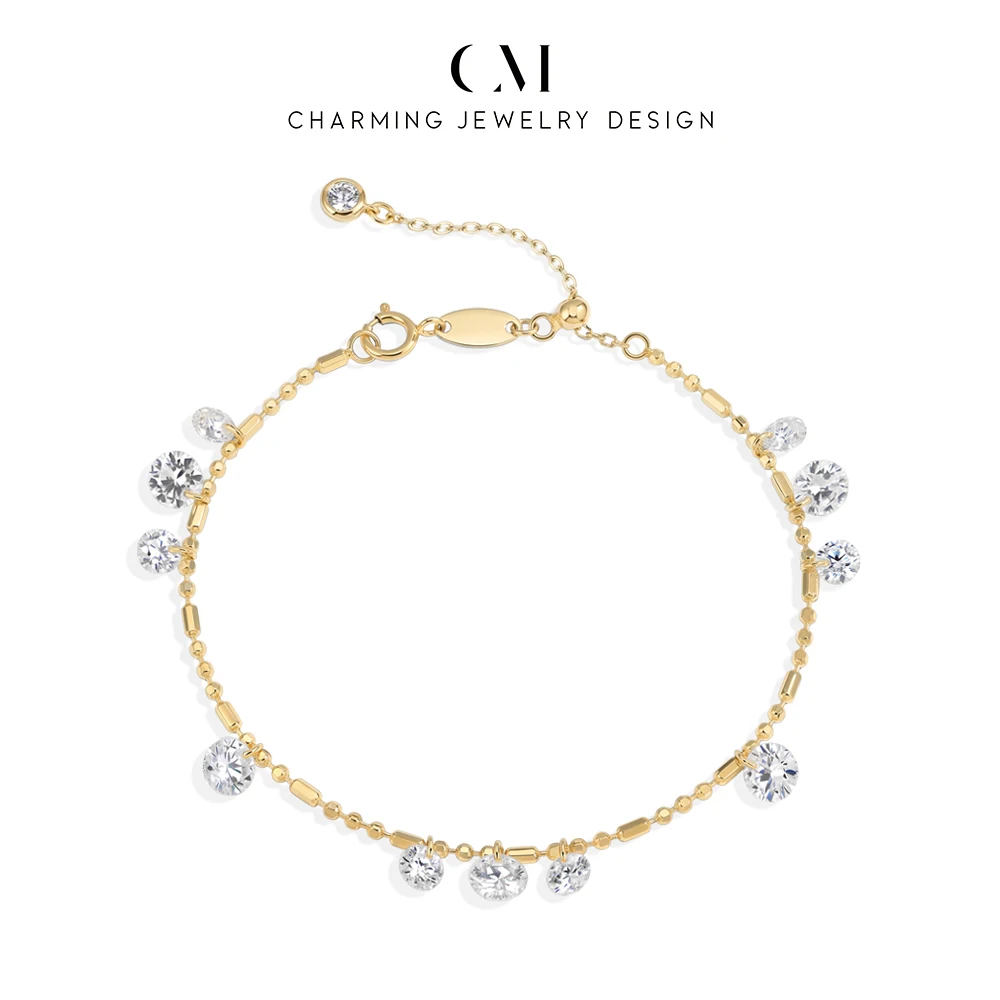 CHARMING New Shining Pierced Round Moissanite Beaded chain Bracelet for Women 925 Sterling Silver Party Birthday Gift Engagement