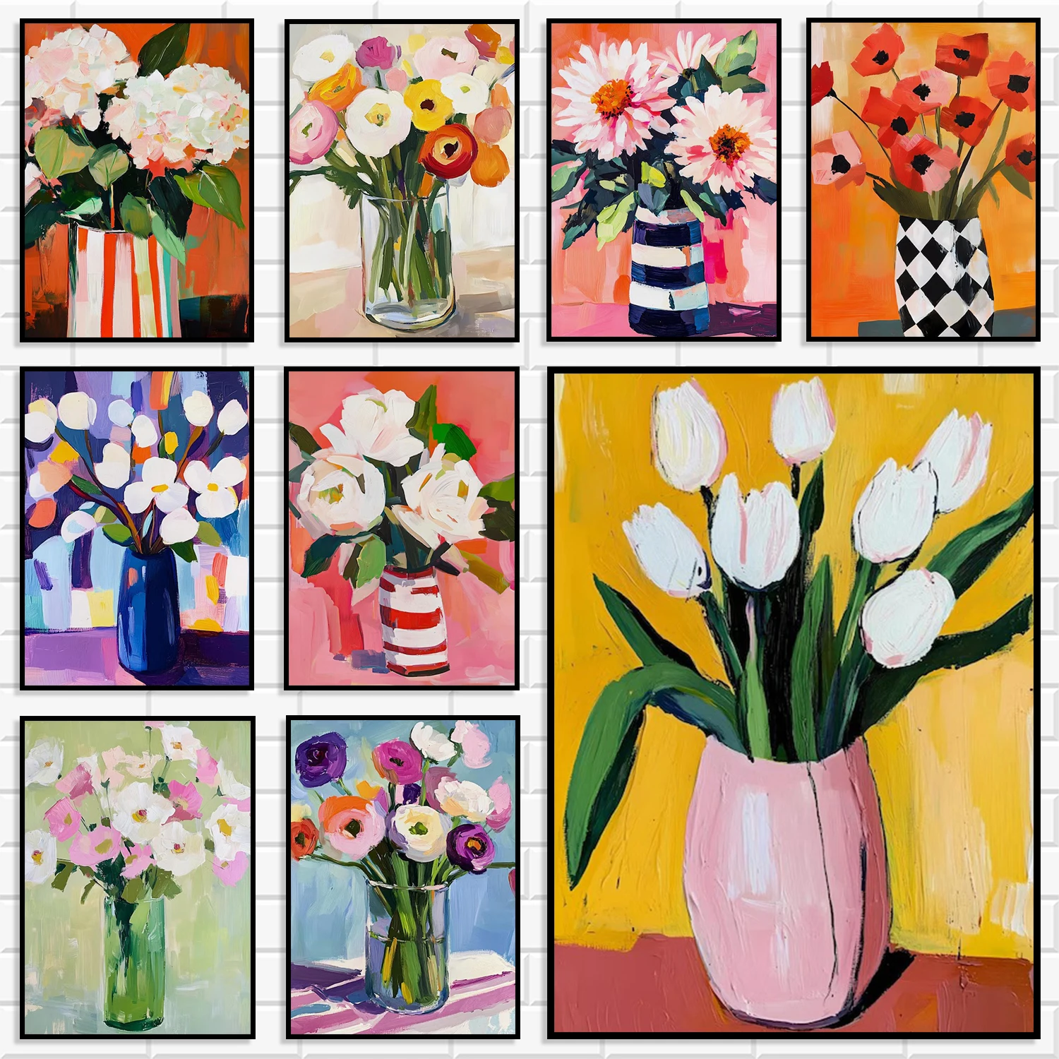 Colorful Impasto Floral Canvas Prints Tulip Poppy Hydrangea Vase Still Life Wall Art Modern Farmhouse Kitchen Home Decor Poster
