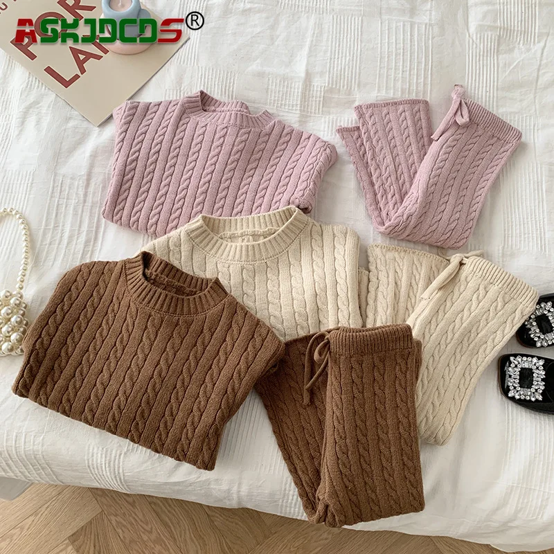 

Cozy 2023 Autumn Spring Knitted Sweater + Pants Set for Baby Girls and Boys, Full Sleeve Solid Color, 100% Cotton, 0-6 Years