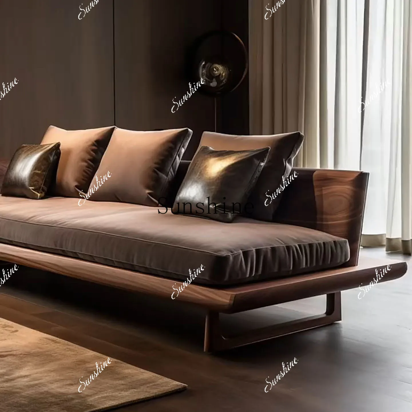 Black walnut minimalist straight row modern minimalist light luxury solid wood fabric sofa  FT