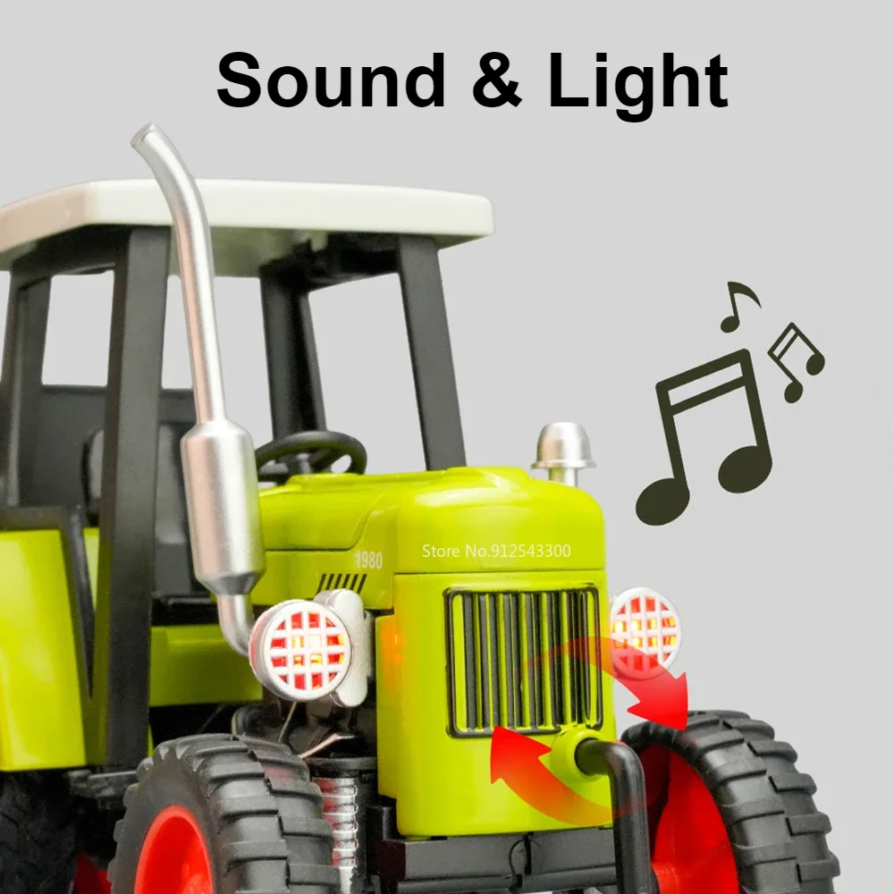 1:24 Four-wheel Walking Tractor Model Toy Alloy Body Rubber Tire Retro Agricultural Vehicles Models Sound Light Sliding Gifts